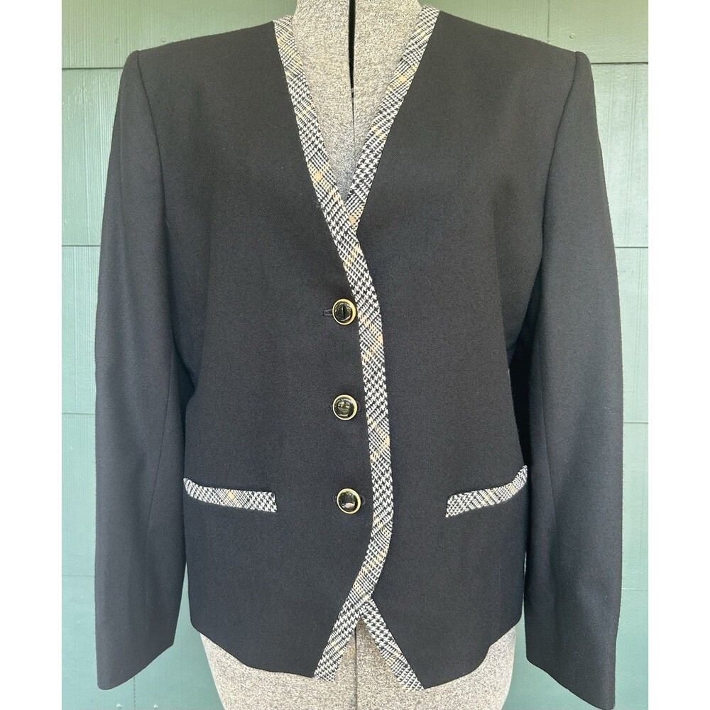 Vintage Pendleton Blazer Size 8 Black Wool Plaid Trim Collarless Preppy Classic